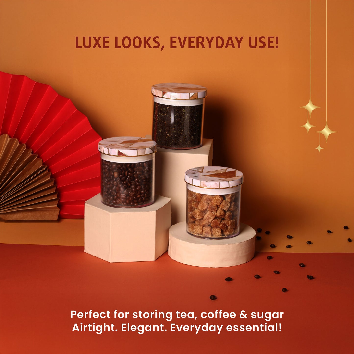 Selvel Geometric Airtight Kitchen Storage Container Set of 3 – Dry Fruits, Snacks & Gifting (600ml Each, Ceramica Finish)