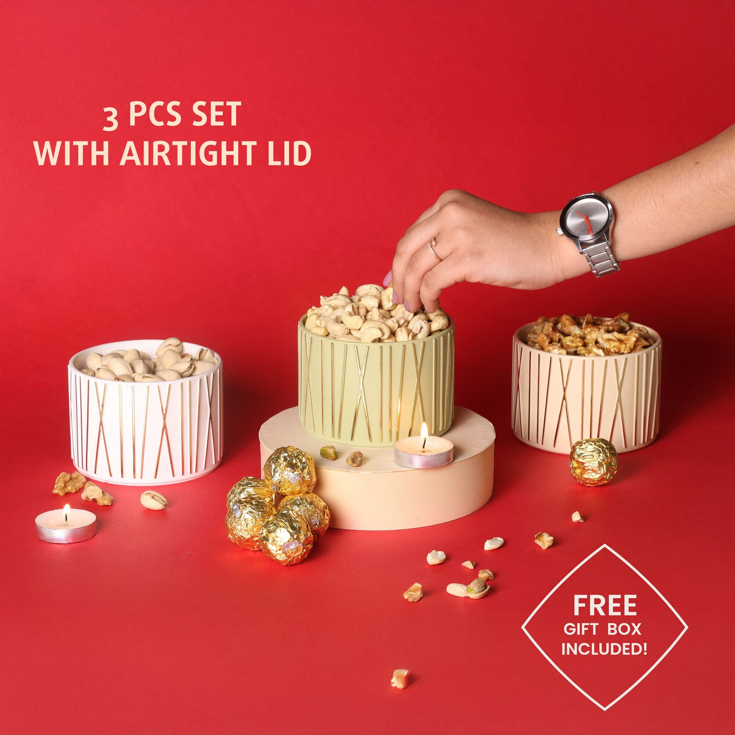 Selvel Airtight Storage Containers Set of 3 – Dry Fruits, Snacks & Gifting (450ml Each, Multicolour)