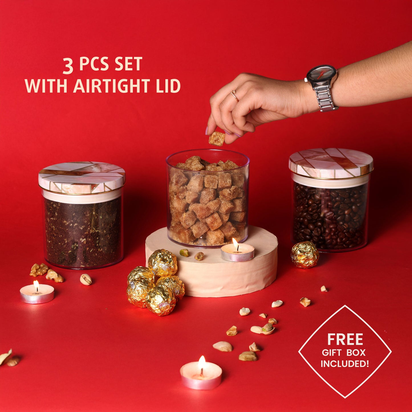 Selvel Geometric Airtight Kitchen Storage Container Set of 3 – Dry Fruits, Snacks & Gifting (600ml Each, Ceramica Finish)