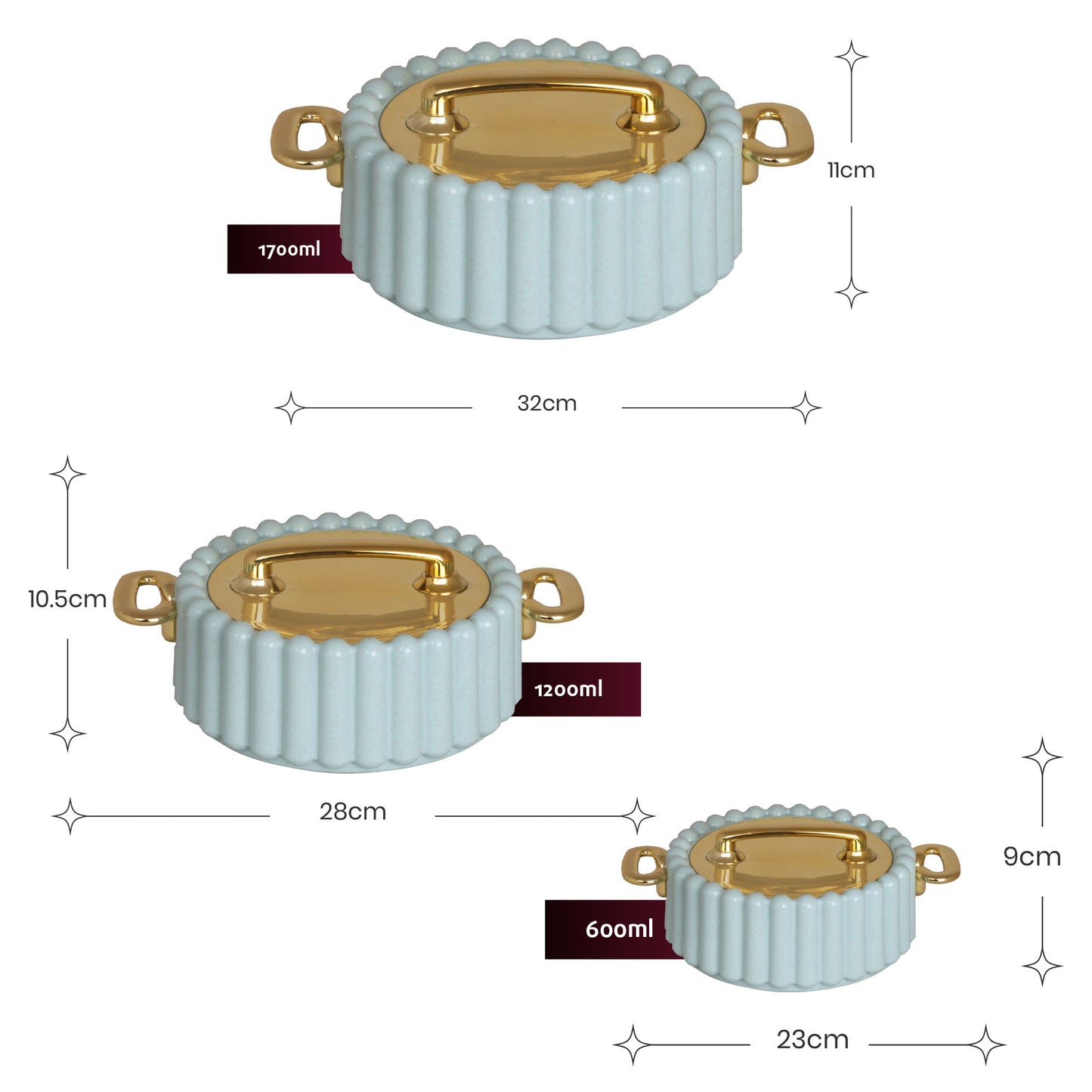 Selvel Volvo Casserole Set of 3 – Mint Green (600ml, 1200ml, 1700ml, Insulated Hotpot)