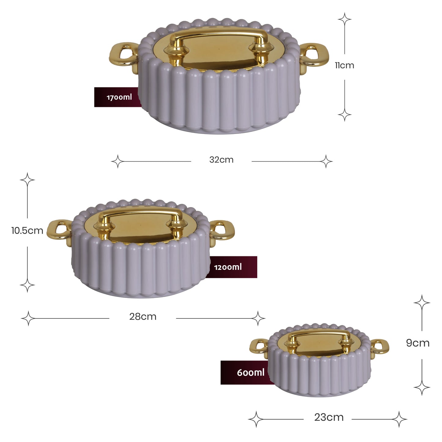 Selvel Volvo Casserole Set of 3 – Lid Grey (600ml, 1200ml, 1700ml, Insulated Hotpot)