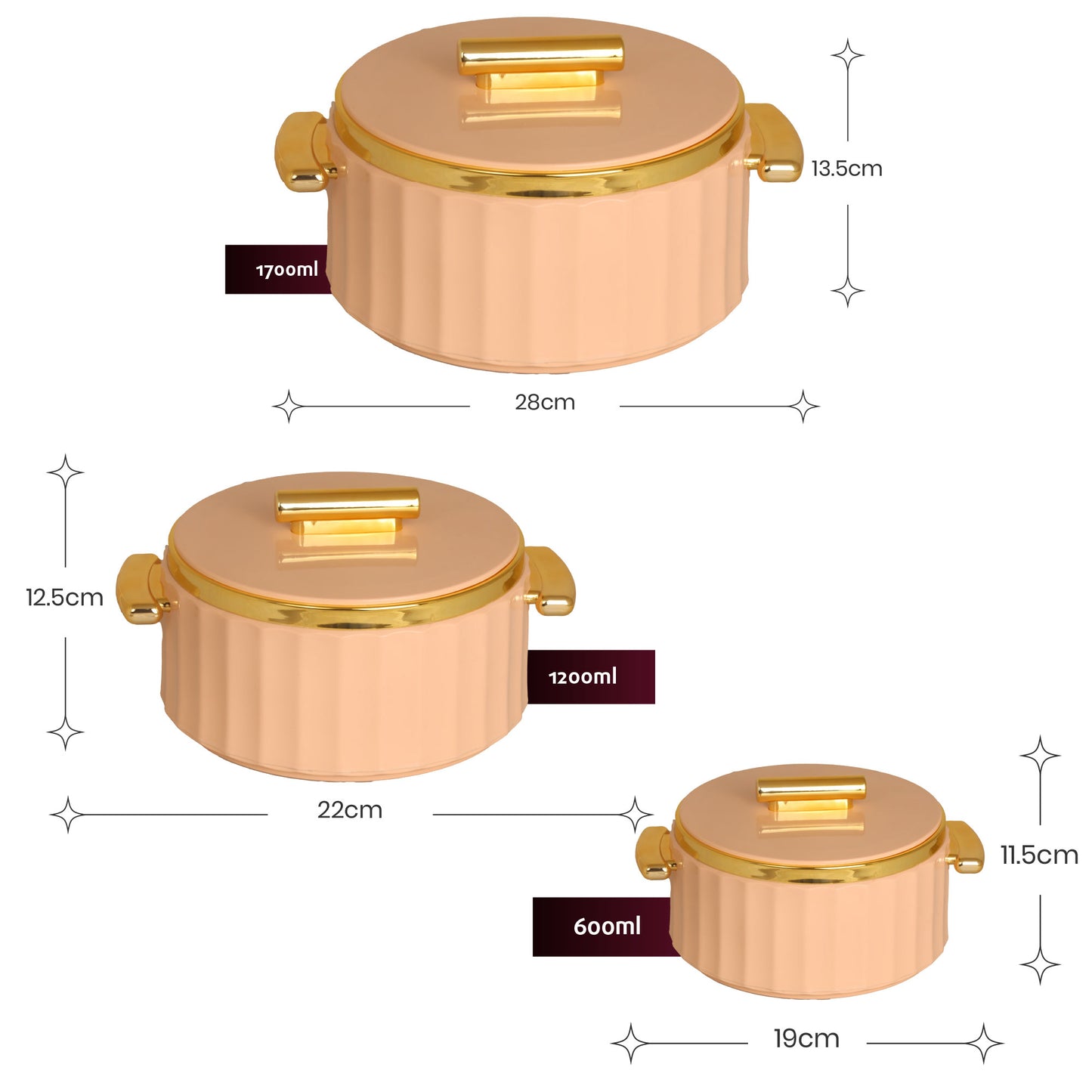 Selvel Camry Casserole Set of 3 – Peach (600ml, 1200ml, 1700ml, Insulated Hotpot)
