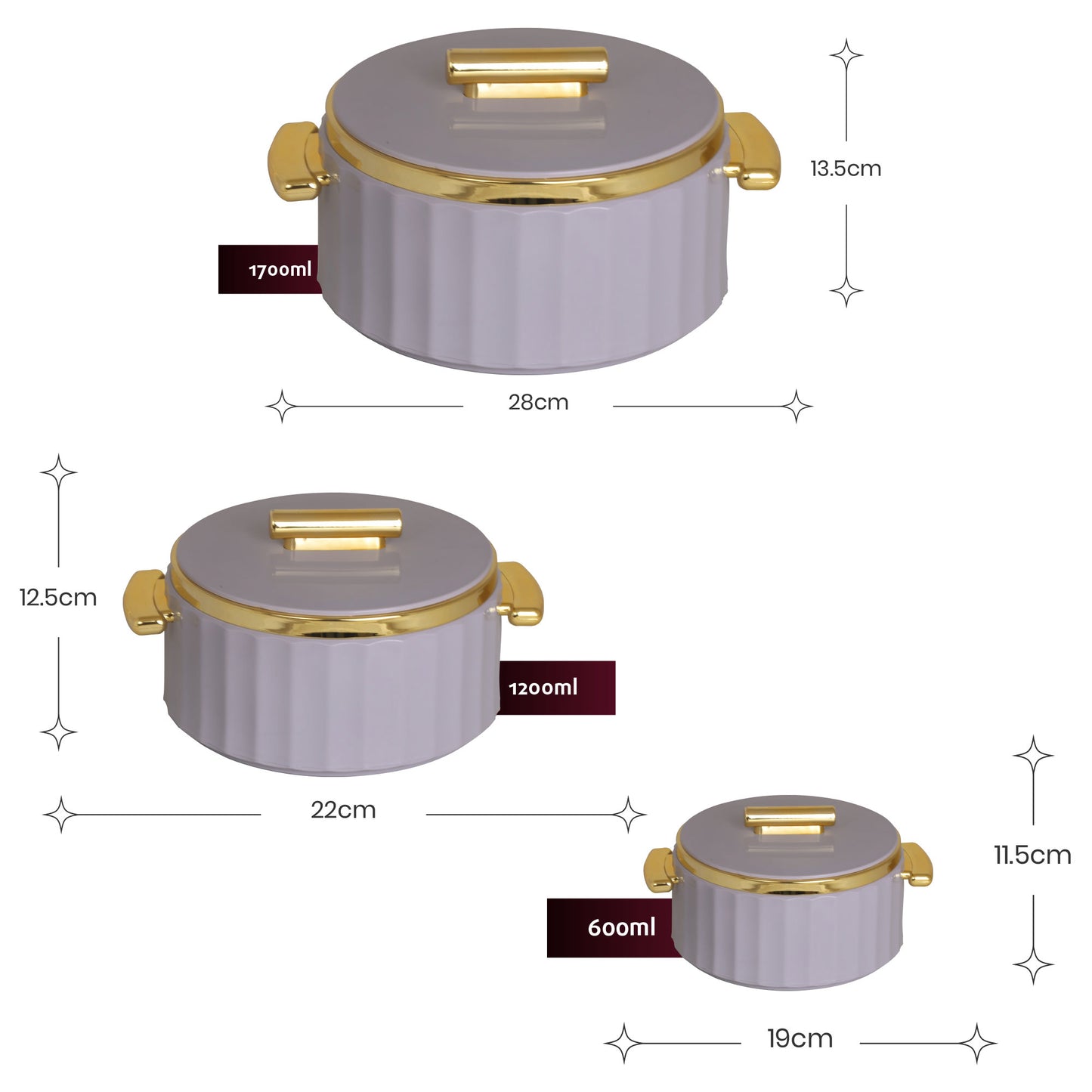 Selvel Camry Casserole Set of 3 – Lid Grey (600ml, 1200ml, 1700ml, Insulated Hotpot)