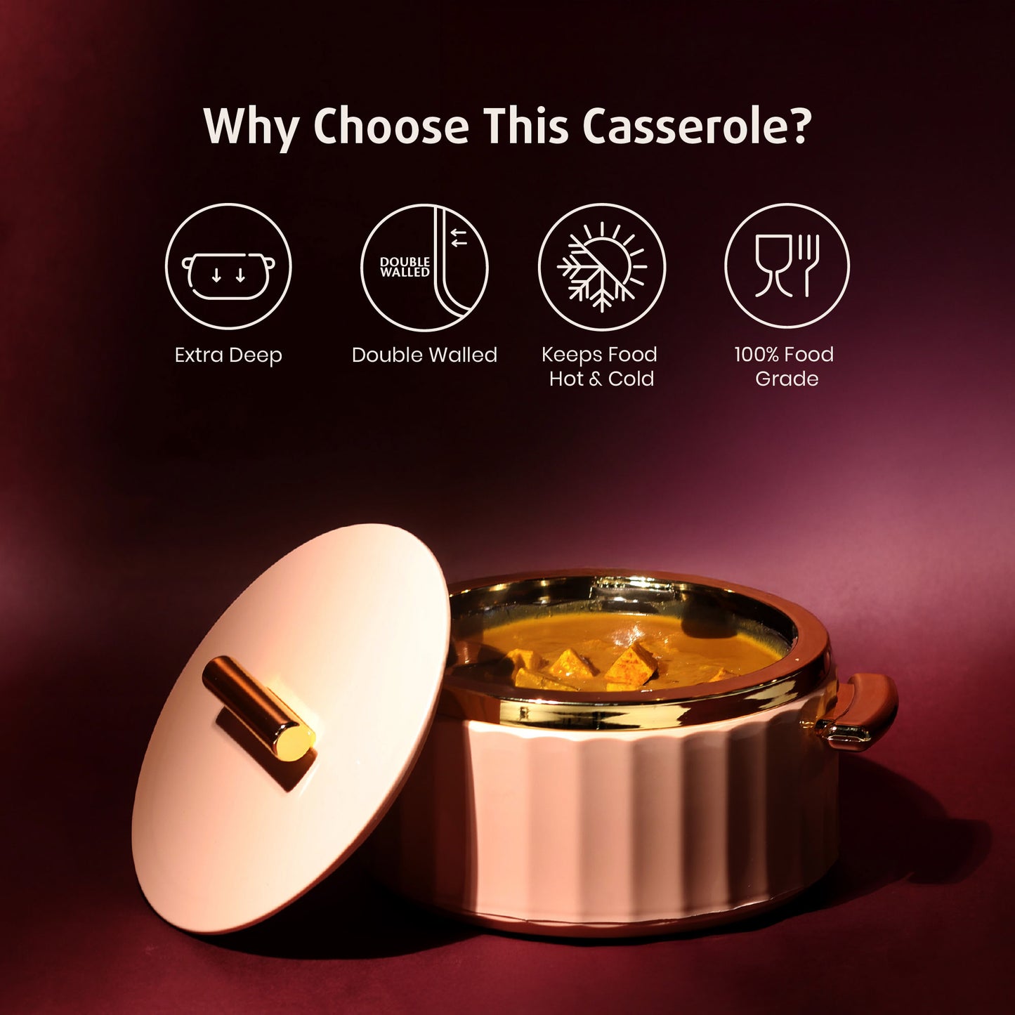 Selvel Camry Casserole Set of 3 – Peach (600ml, 1200ml, 1700ml, Insulated Hotpot)