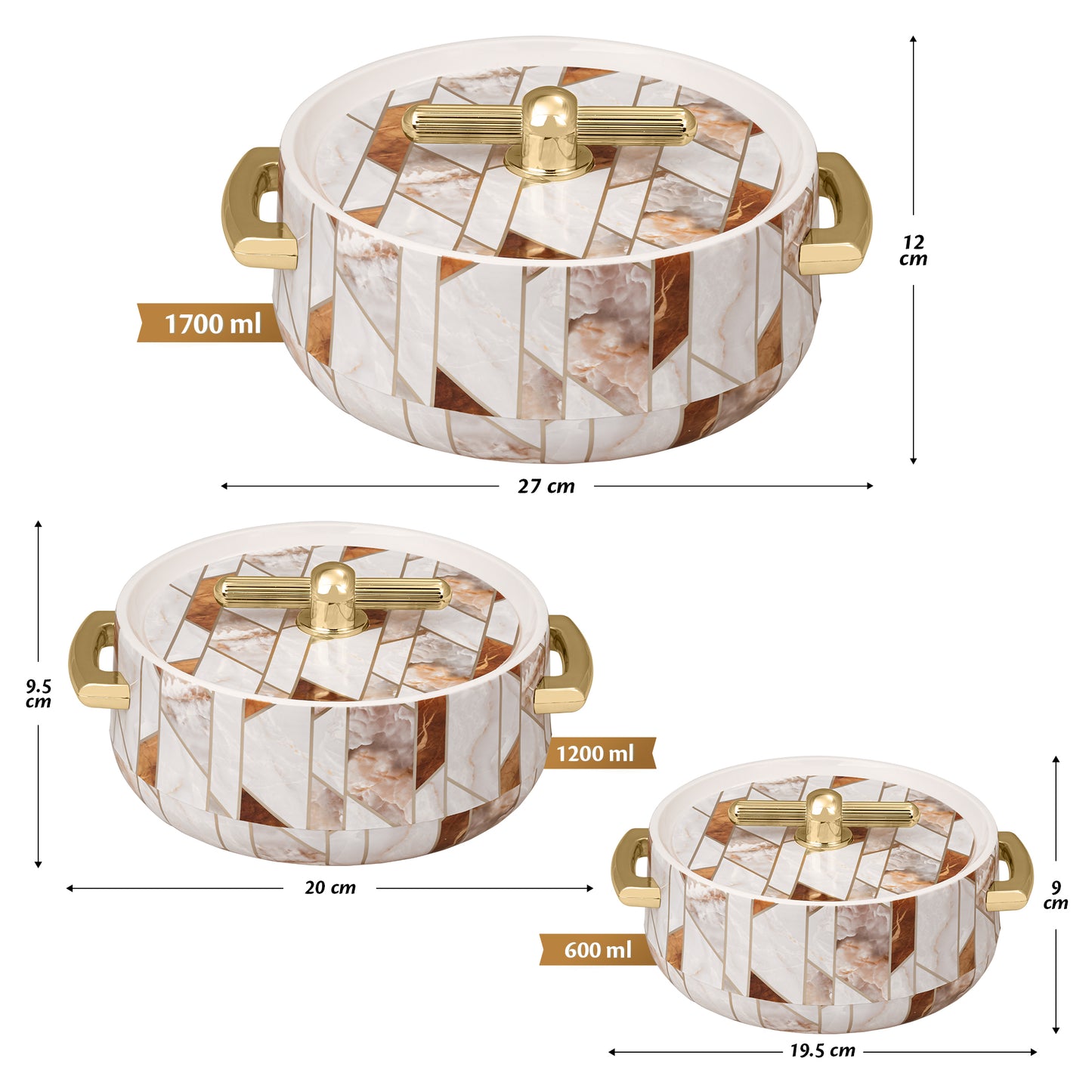 Selvel Elegance Royal Casserole Set of 3 – Ceramica White (600ml, 1200ml, 1700ml, Insulated Hotpot)