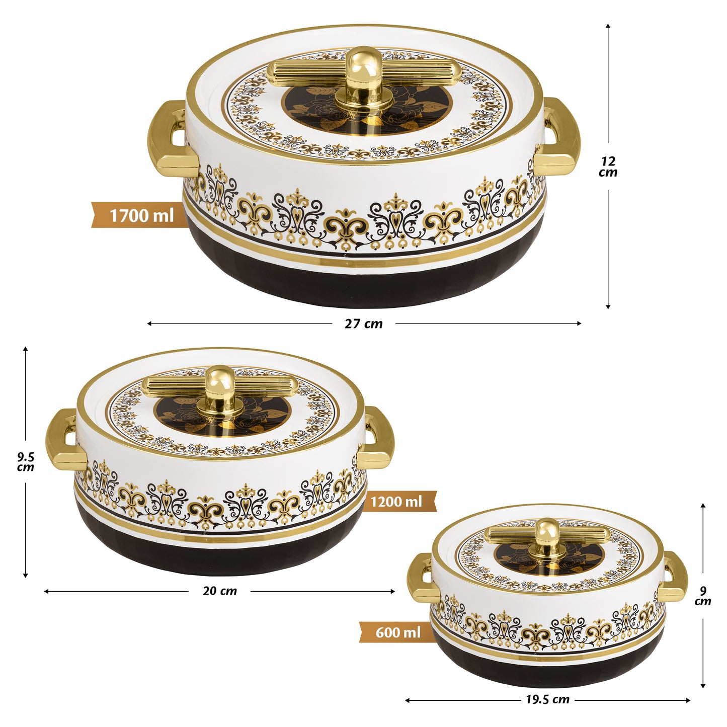 Selvel Elegance Royal Casserole Set of 3 – Coral Black (600ml, 1200ml, 1700ml, Insulated Hotpot)