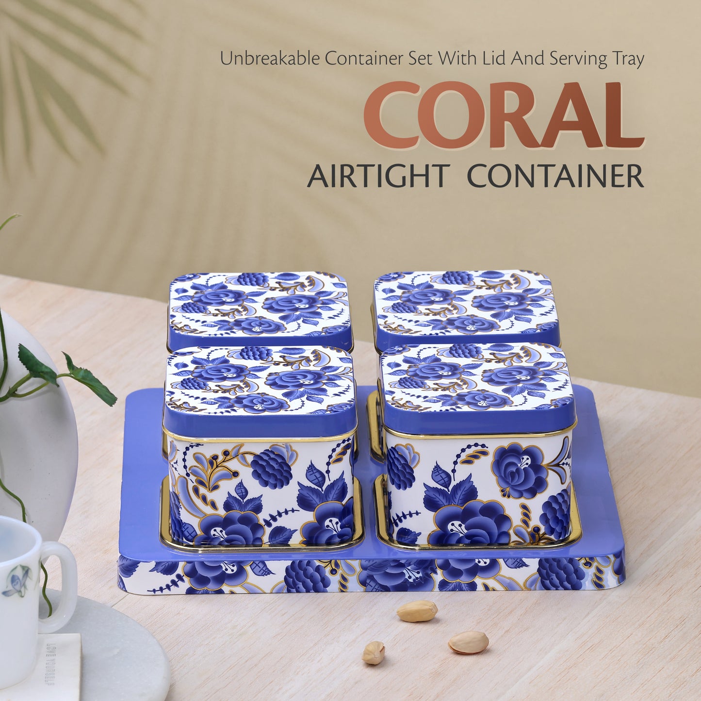 SELVEL Coral Serving Set - 4-Piece Blue Airtight Dry Fruit Container Tray Set with Lid & Serving Tray