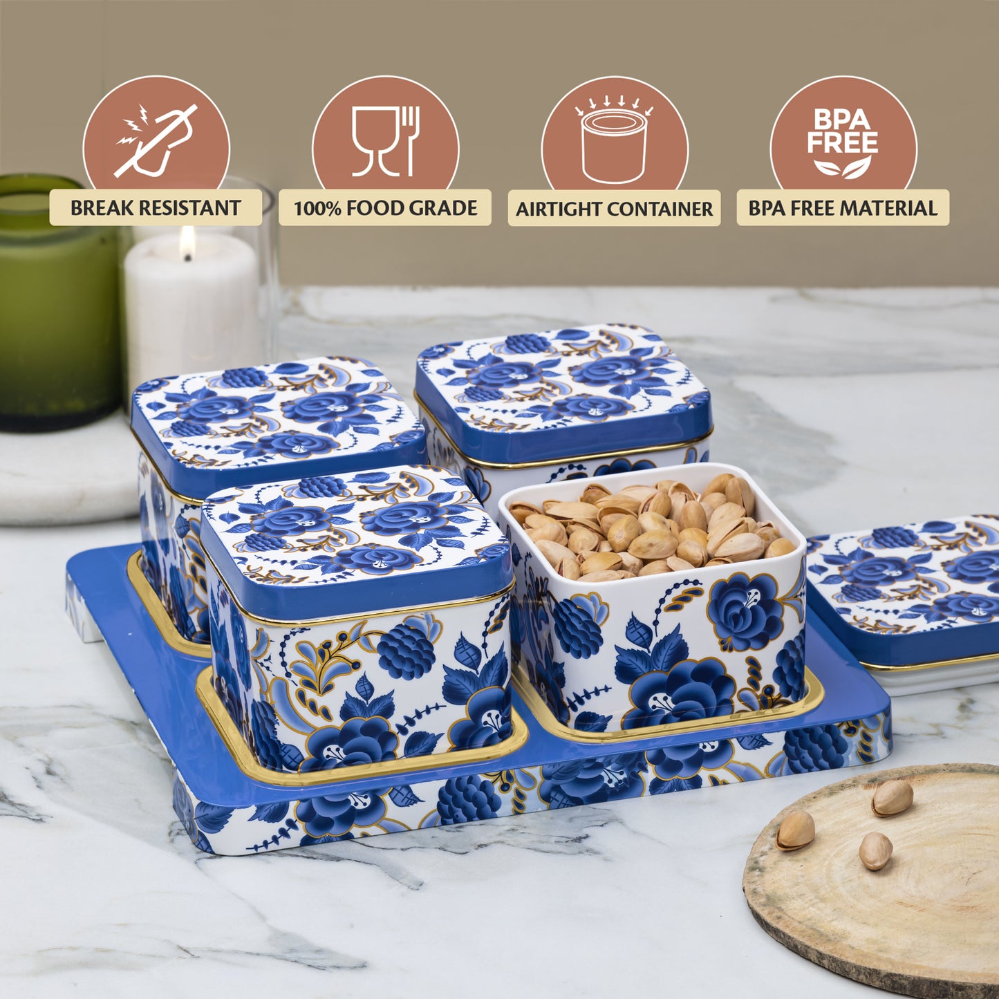 SELVEL Coral Serving Set - 4-Piece Blue Airtight Dry Fruit Container Tray Set with Lid & Serving Tray