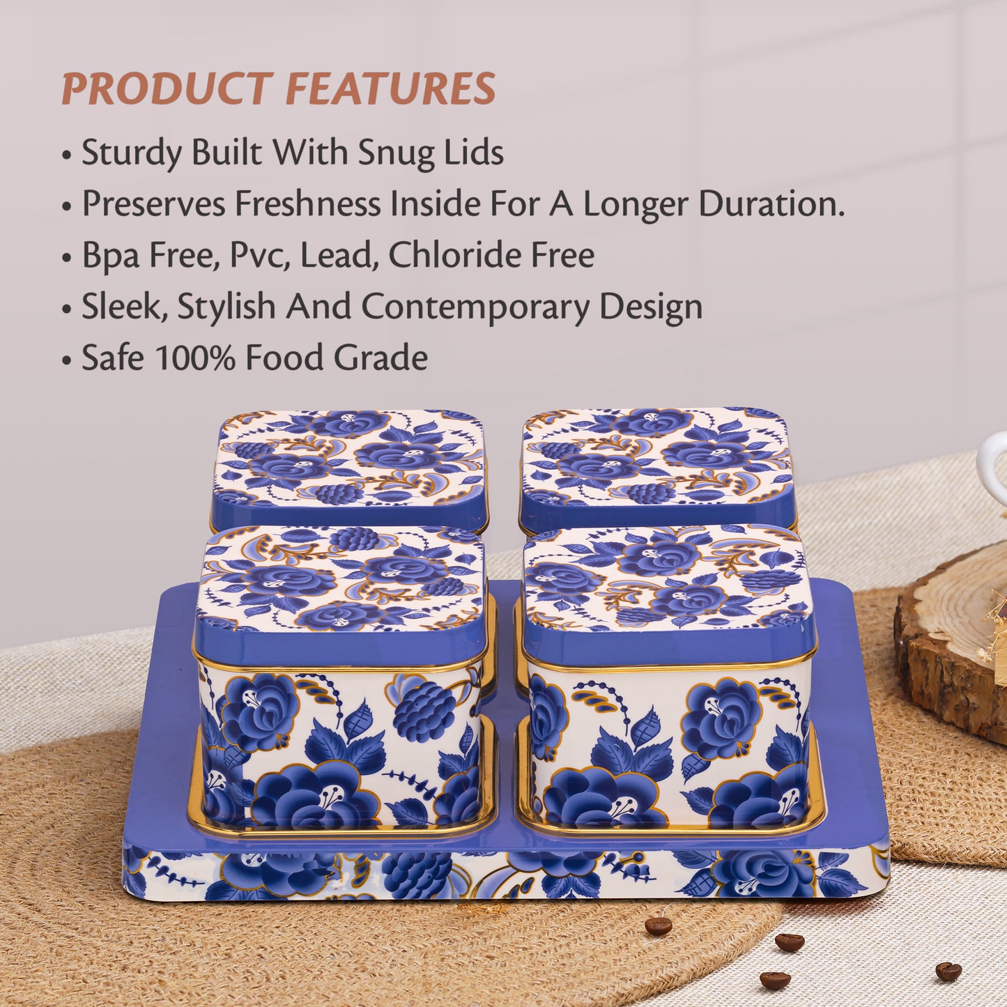SELVEL Coral Serving Set - 4-Piece Blue Airtight Dry Fruit Container Tray Set with Lid & Serving Tray