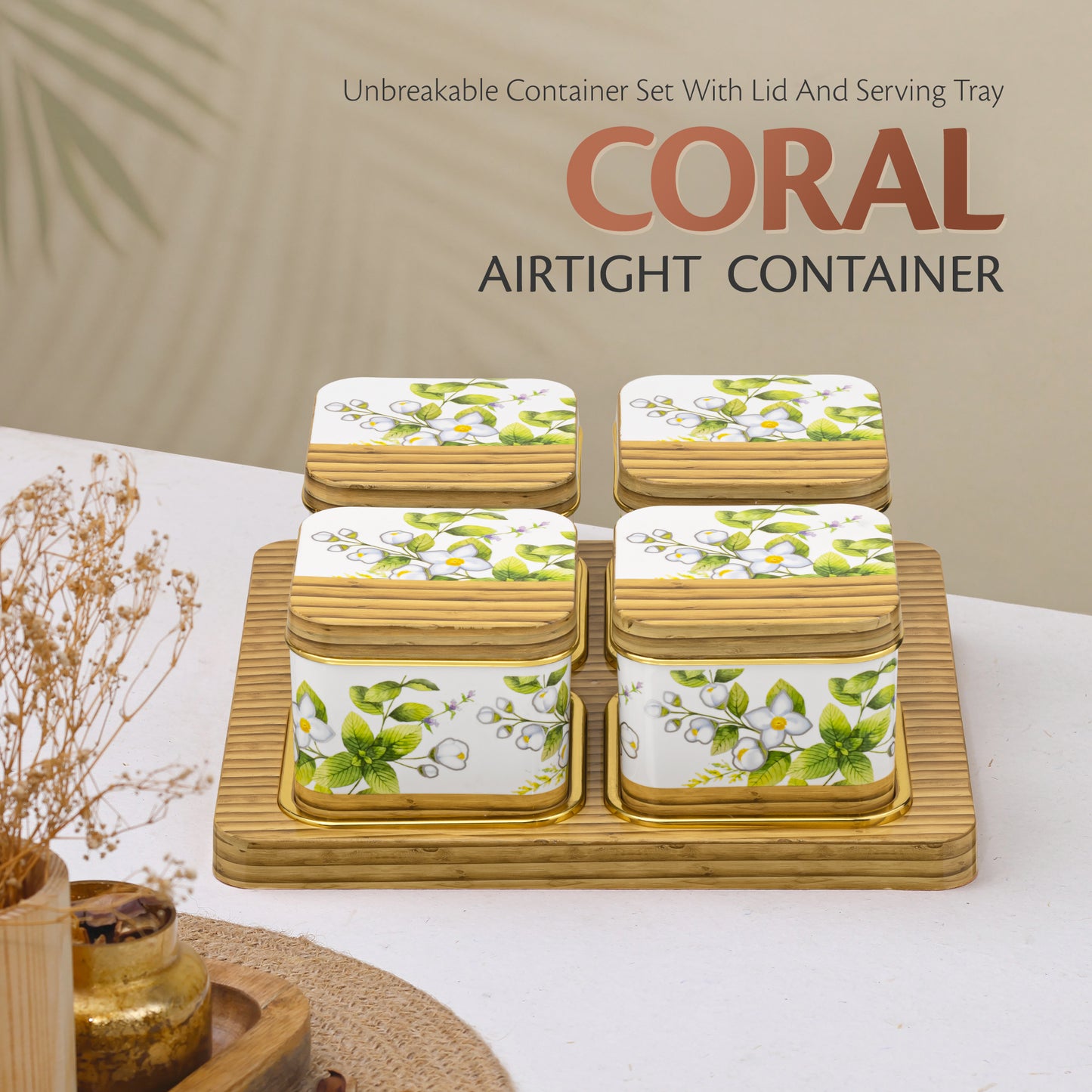 SELVEL Coral Serving Set - 4-Piece Blue Airtight Dry Fruit Container Tray Set with Lid & Serving Tray