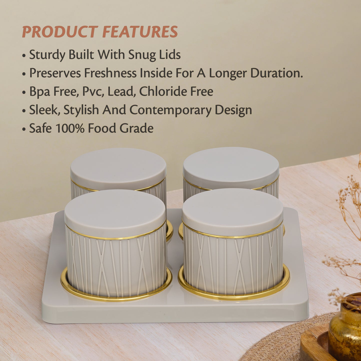 SELVEL Dune Airtight Dry Fruit Container Tray Set - 4 Pieces (450ml) - Repose Grey Polypropylene with Subtle Gold Rim