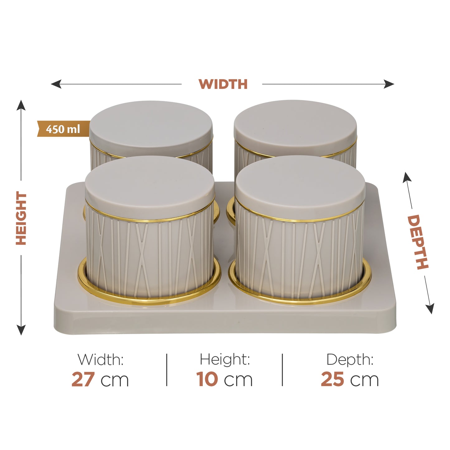 SELVEL Dune Airtight Dry Fruit Container Tray Set - 4 Pieces (450ml) - Repose Grey Polypropylene with Subtle Gold Rim