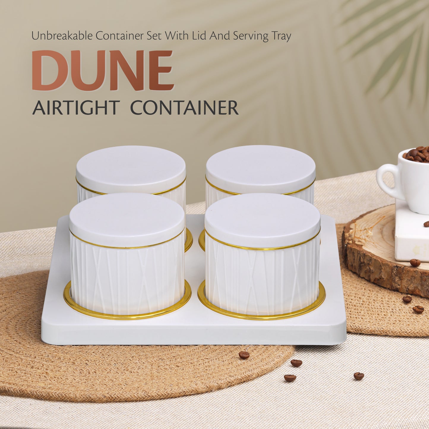 SELVEL Dune Airtight Dry Fruit Container Tray Set - 4 Pieces (450ml) - Classic White Polypropylene with Subtle Gold Rim