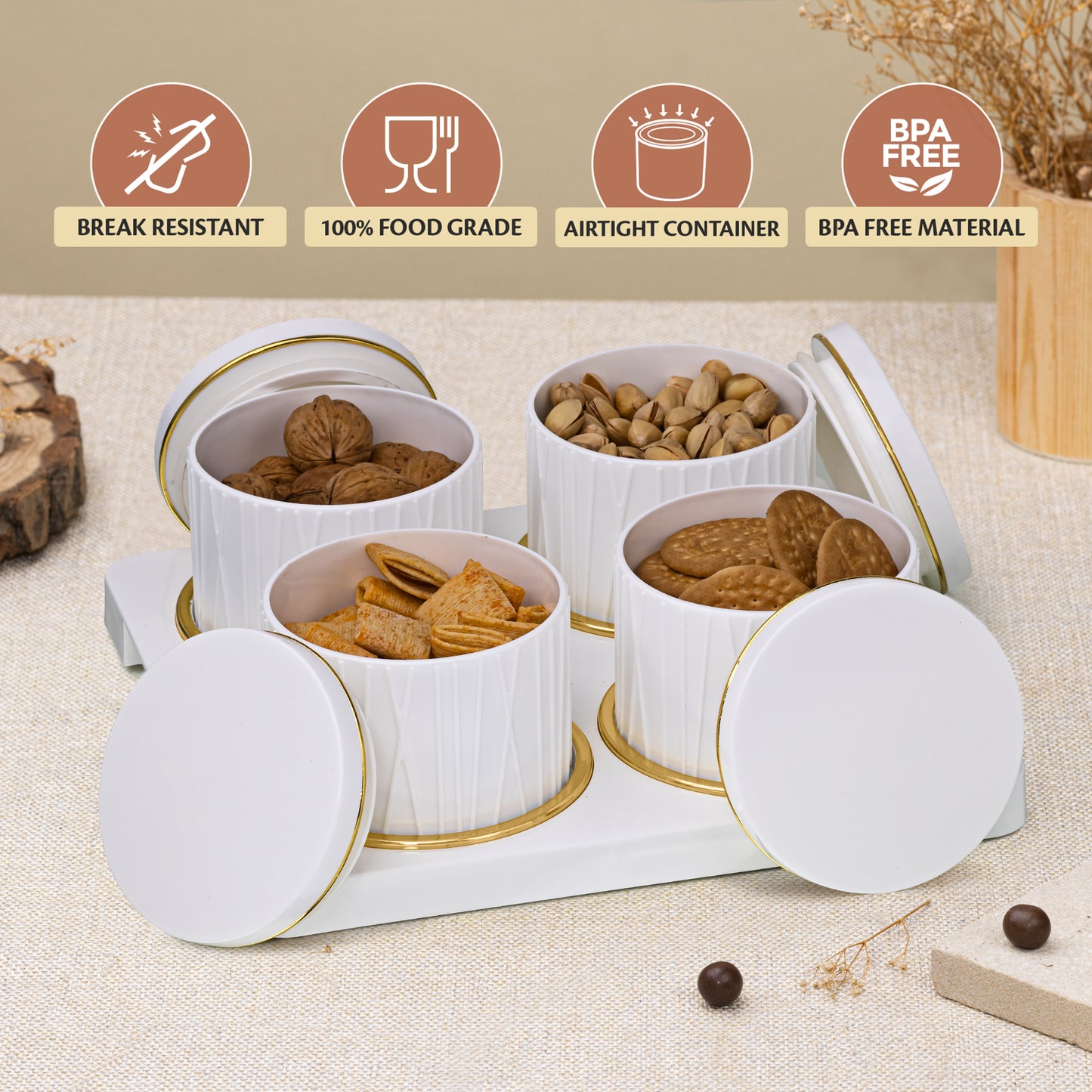 SELVEL Dune Airtight Dry Fruit Container Tray Set - 4 Pieces (450ml) - Classic White Polypropylene with Subtle Gold Rim