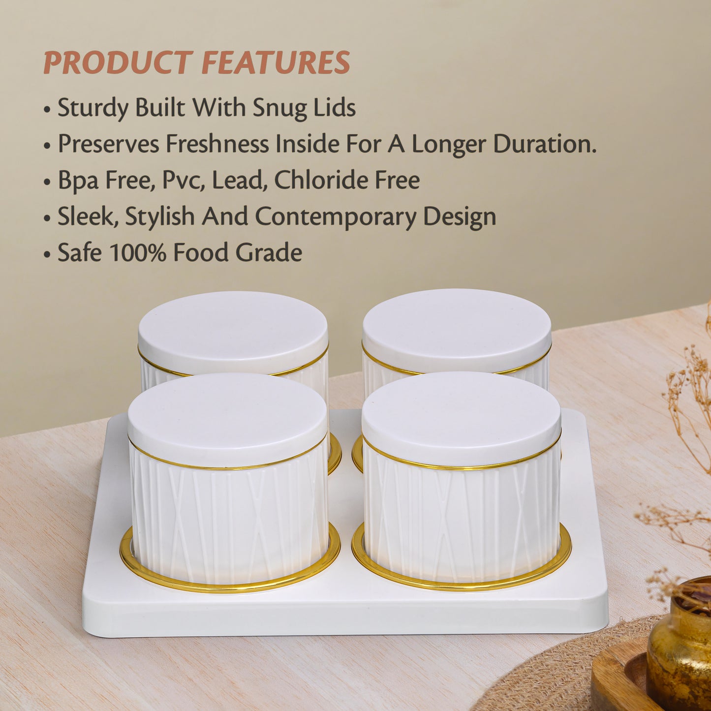 SELVEL Dune Airtight Dry Fruit Container Tray Set - 4 Pieces (450ml) - Classic White Polypropylene with Subtle Gold Rim