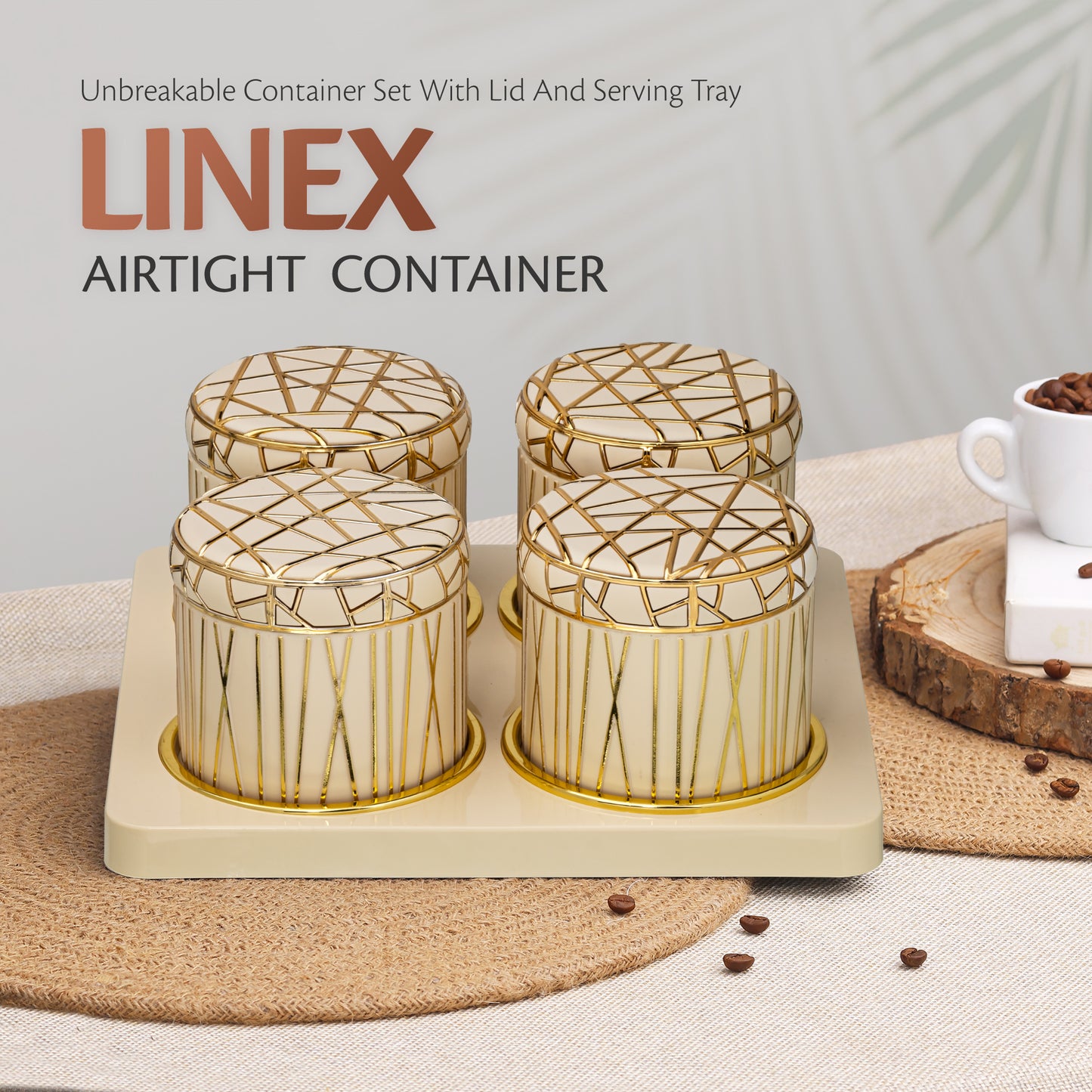 SELVEL Royal Linex Airtight Dry Fruit Container Tray Set - 4 Pieces (450ml), Ivory Polypropylene with Luxurious Gold Foil Embellishments