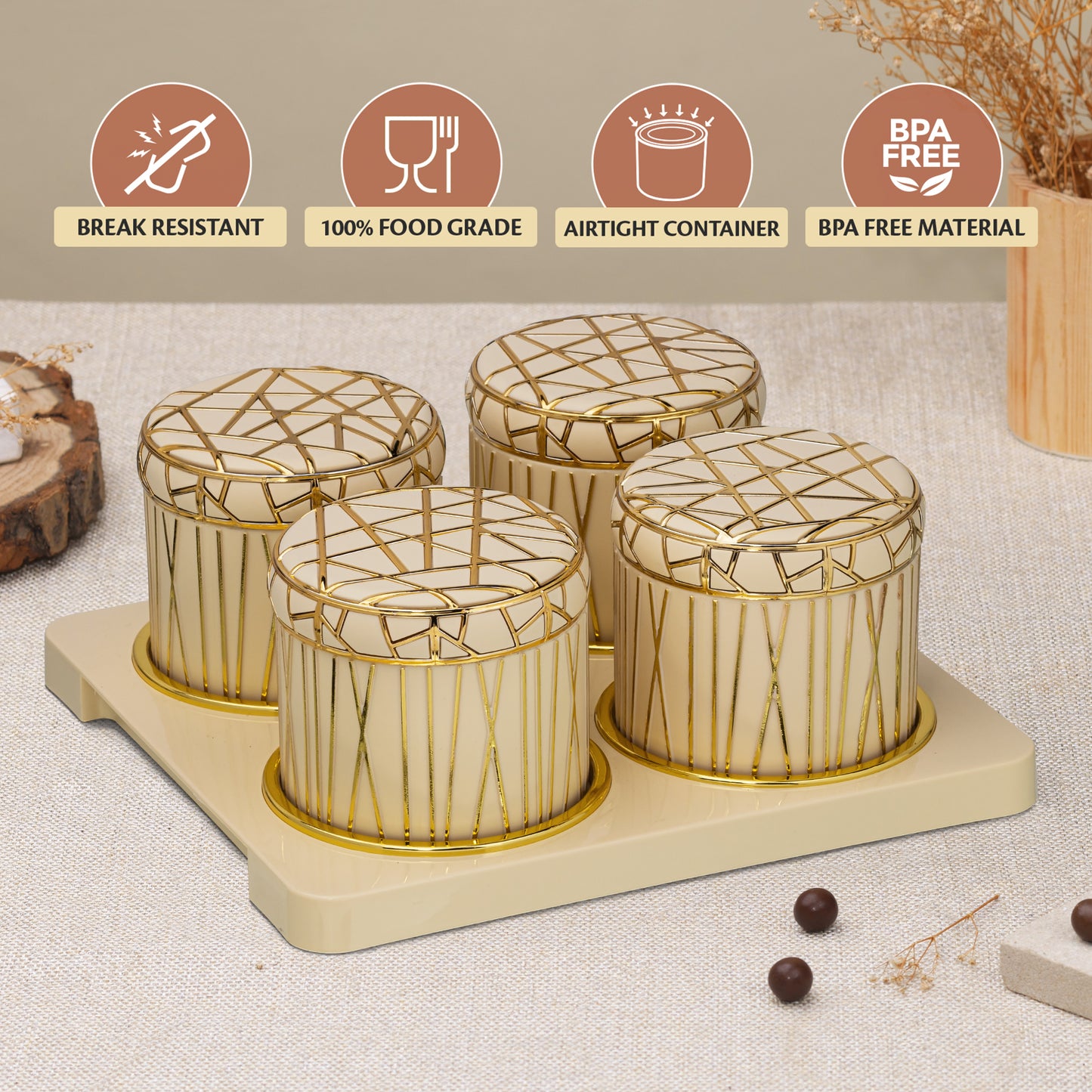 SELVEL Royal Linex Airtight Dry Fruit Container Tray Set - 4 Pieces (450ml), Ivory Polypropylene with Luxurious Gold Foil Embellishments