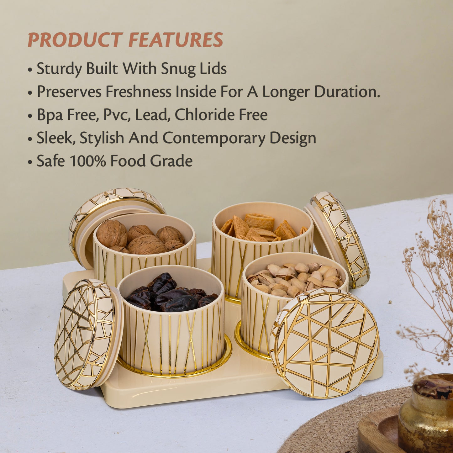 SELVEL Royal Linex Airtight Dry Fruit Container Tray Set - 4 Pieces (450ml), Ivory Polypropylene with Luxurious Gold Foil Embellishments