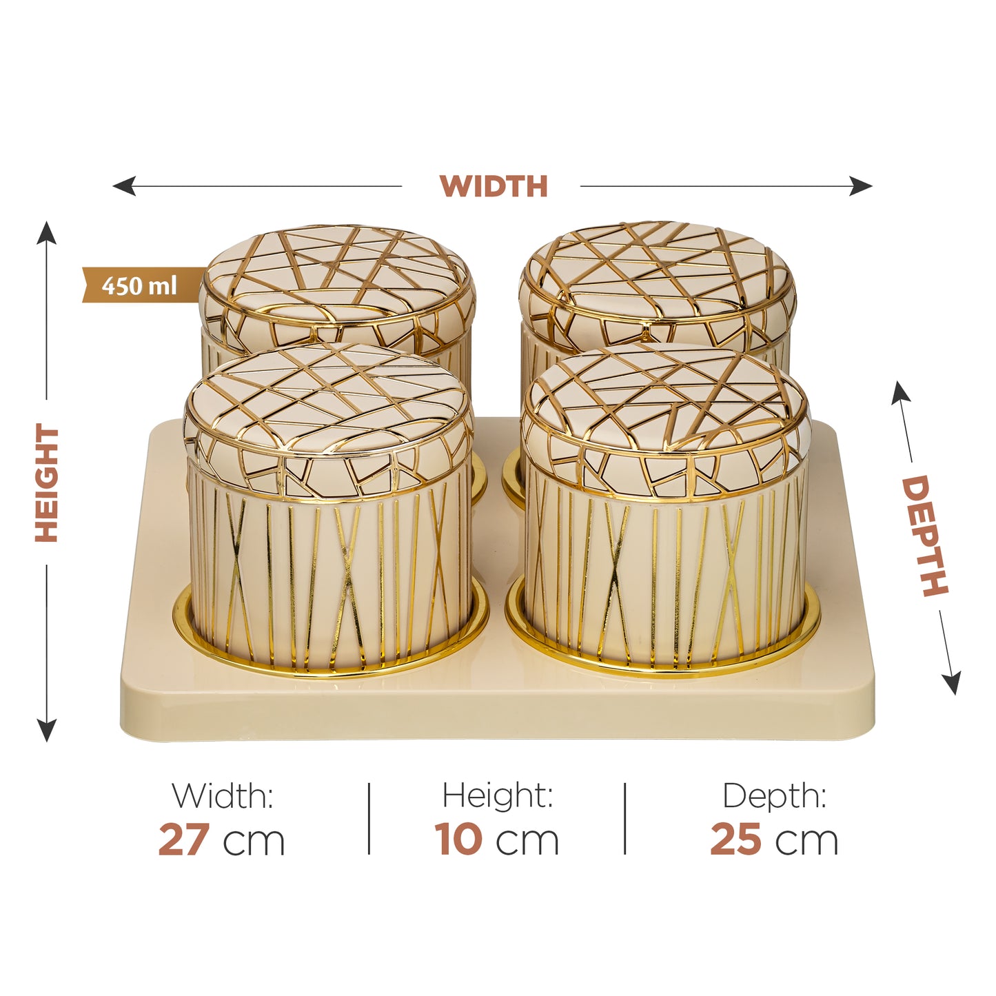 SELVEL Royal Linex Airtight Dry Fruit Container Tray Set - 4 Pieces (450ml), Ivory Polypropylene with Luxurious Gold Foil Embellishments