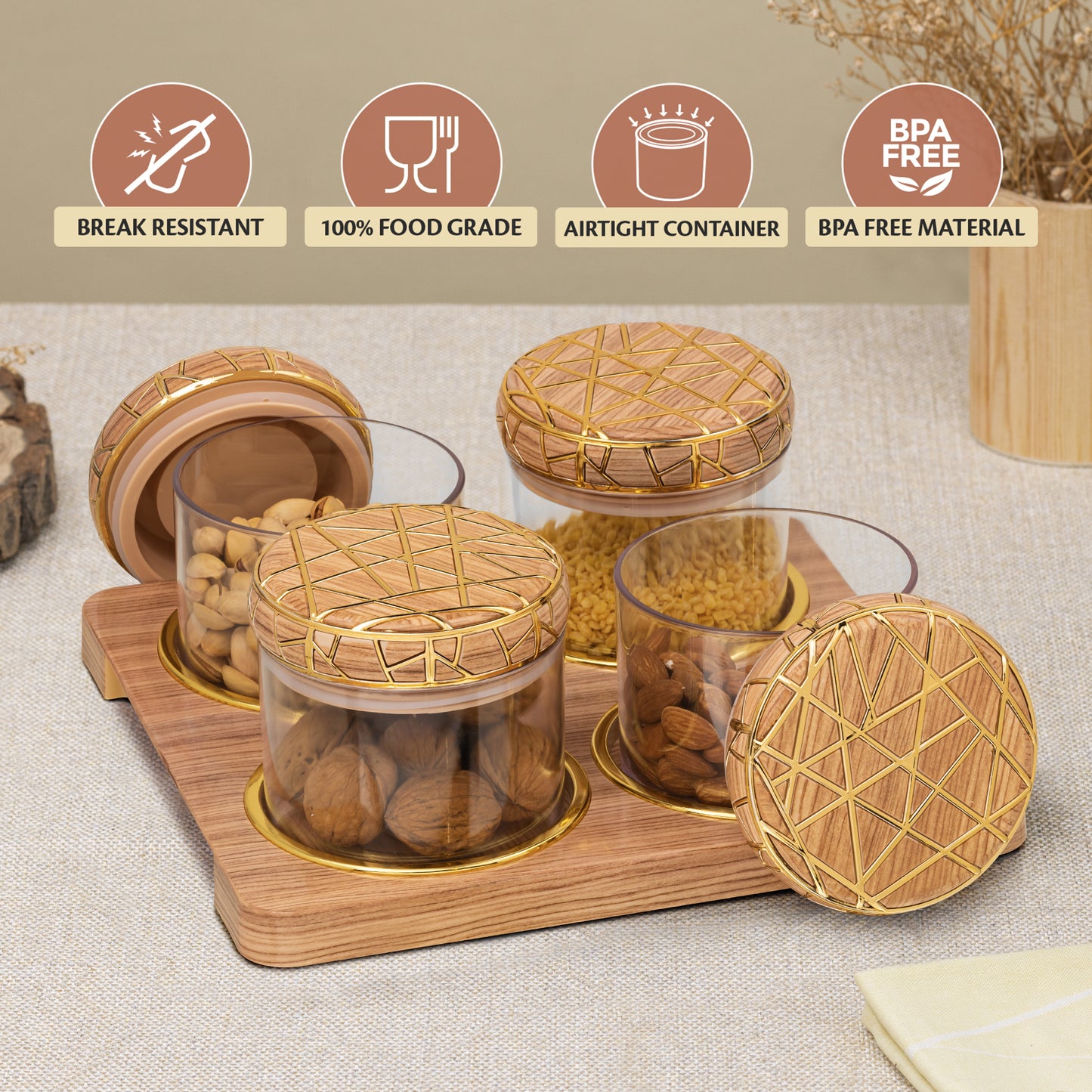 SELVEL Rosewood Airtight Dry Fruit Container Tray Set - 4 Pieces (450ml), Light Wood Polypropylene with Luxurious Gold Foil Embellishments