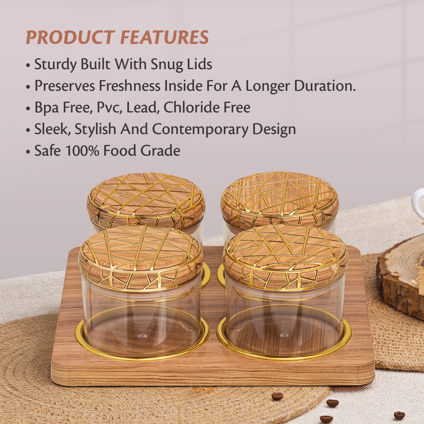 SELVEL Rosewood Airtight Dry Fruit Container Tray Set - 4 Pieces (450ml), Light Wood Polypropylene with Luxurious Gold Foil Embellishments