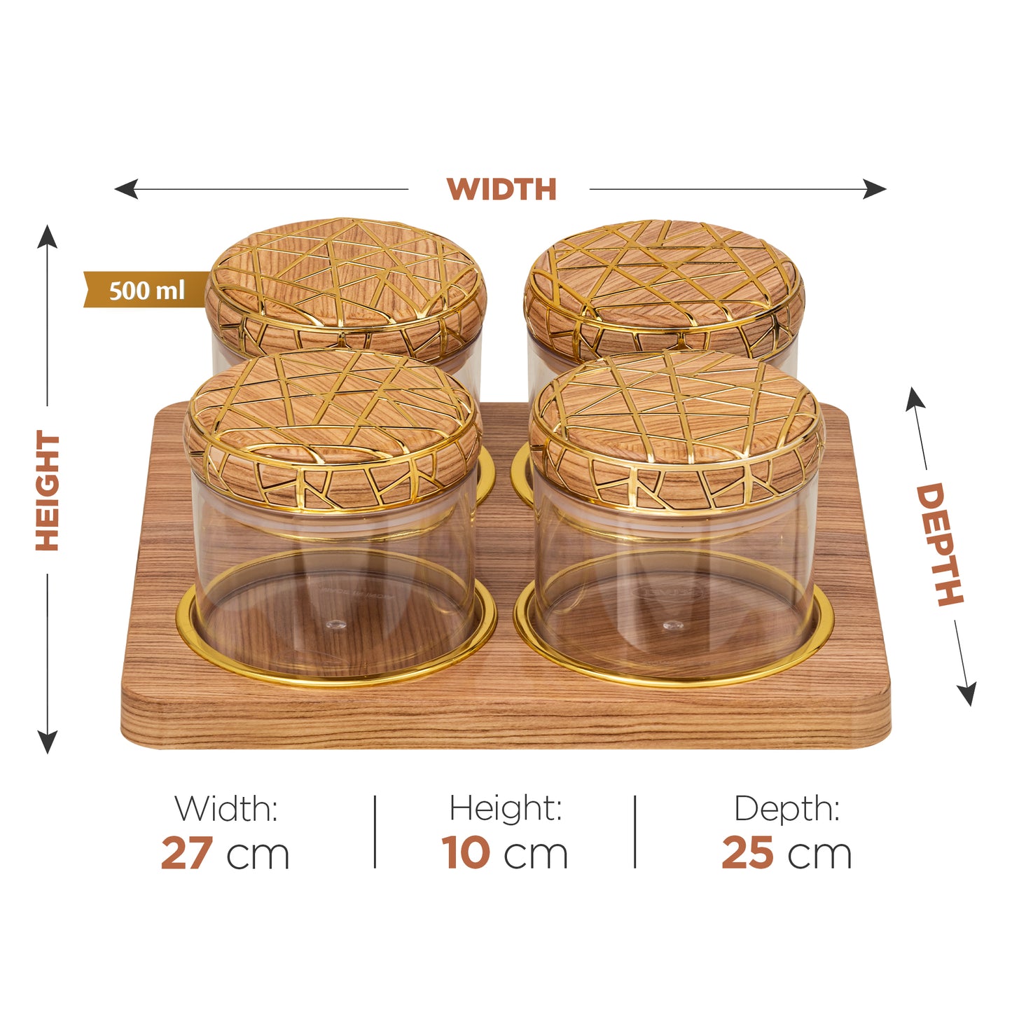 SELVEL Rosewood Airtight Dry Fruit Container Tray Set - 4 Pieces (450ml), Light Wood Polypropylene with Luxurious Gold Foil Embellishments