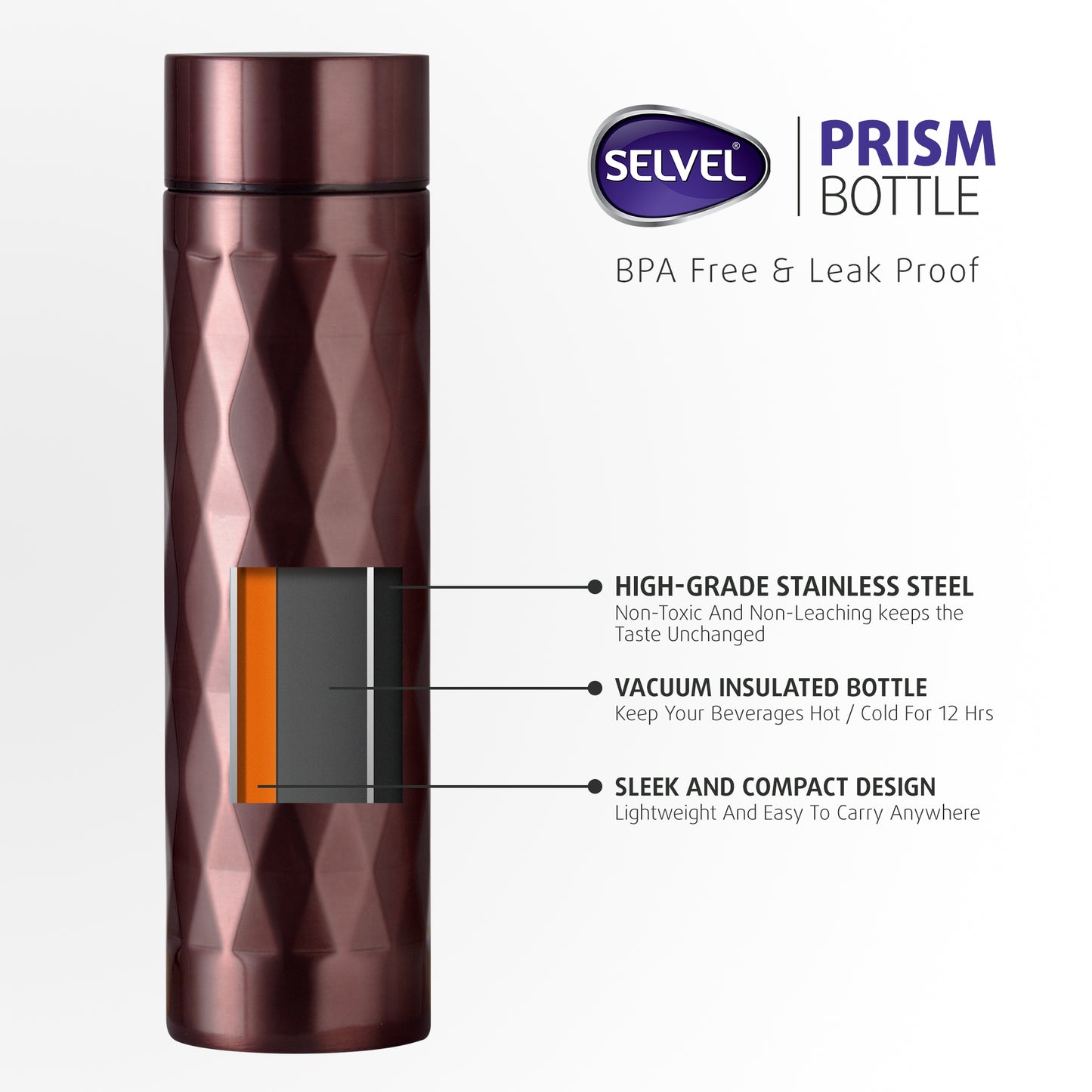 Selvel Prism Thermos Flask Vacuum Insulated Bottle (500 Ml - Metallic)