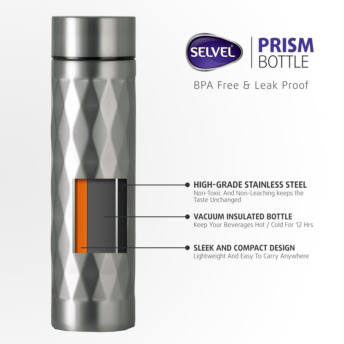 Selvel Prism Thermos Flask Vacuum Insulated Bottle (500 Ml - Silver)