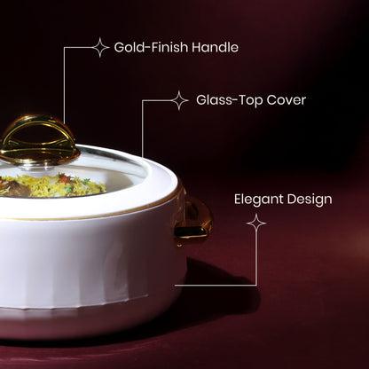 Selvel Elegance Glass Casserole – White (1700ml, Insulated Hotpot)
