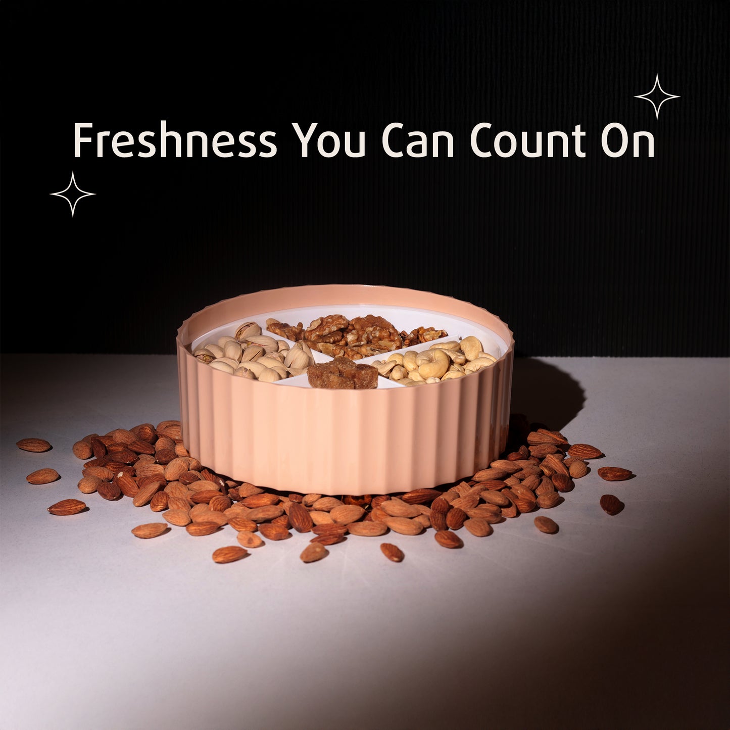 Selvel Camry Dry Fruit Box – Airtight 4-Compartment Organizer for Dry Fruits, Snacks & Gifting (Peach)