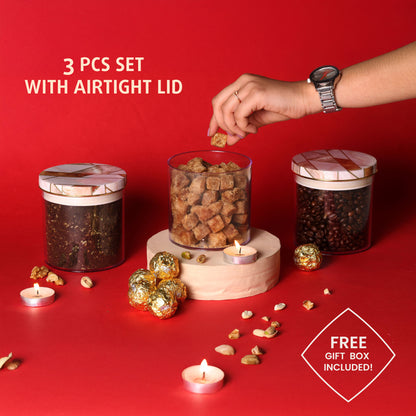 Selvel Geometric Airtight Kitchen Storage Container Set of 3 – Dry Fruits, Snacks & Gifting (600ml Each, Ceramica Finish)