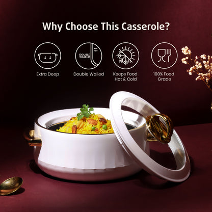 Selvel Elegance Glass Casserole – White (1700ml, Insulated Hotpot)