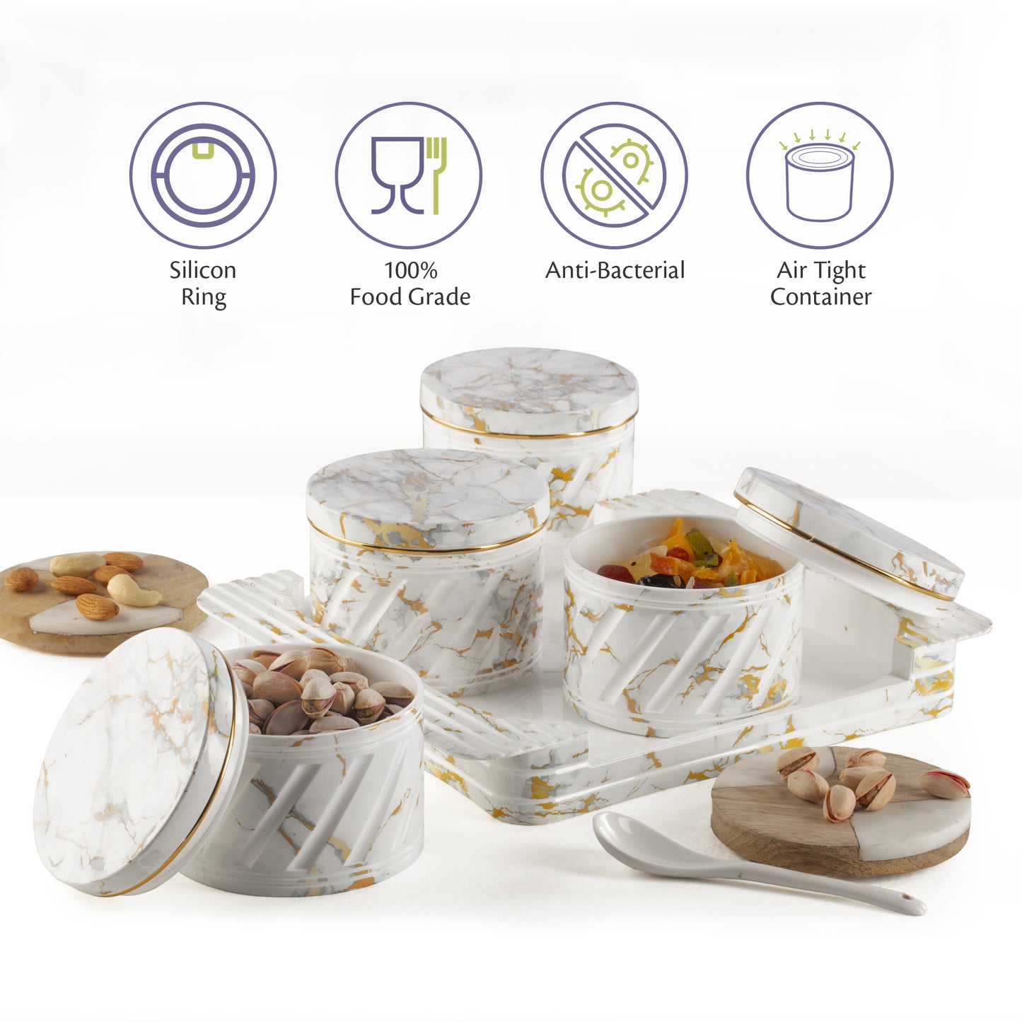 Selvel Italian White Serving Set – 4-Piece Airtight Dry Fruit & Snack Container (430ml Each)