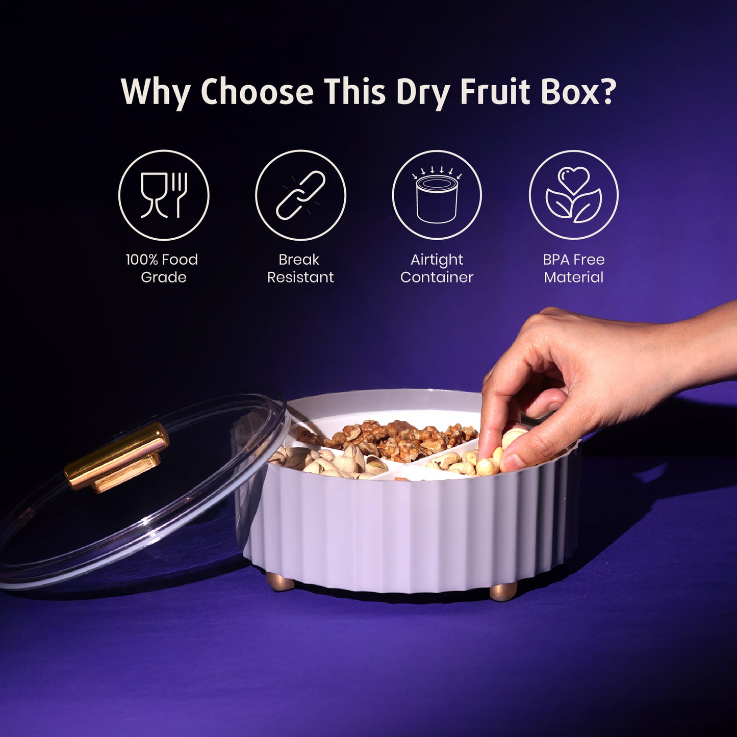 Selvel Camry Dry Fruit Box – Airtight 4-Compartment Organizer for Dry Fruits, Snacks & Gifting (Lid Grey)
