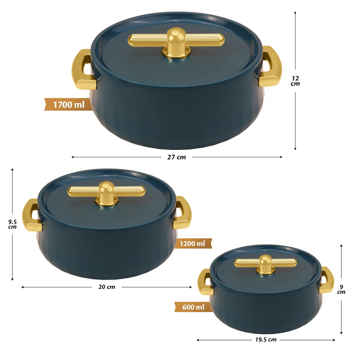 Selvel Elegance Casserole Set of 3 – Emerald Green (600ml, 1200ml, 1700ml, Insulated Hotpot)