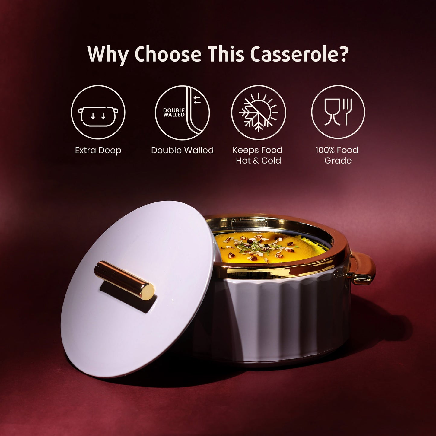 Selvel Camry Casserole Set of 3 – Lid Grey (600ml, 1200ml, 1700ml, Insulated Hotpot)