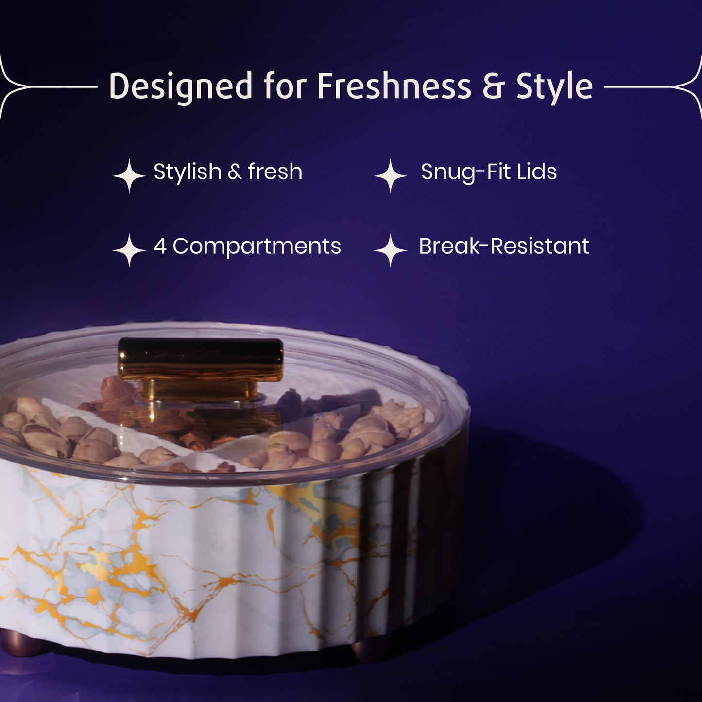 Selvel Camry Dry Fruit Box – Airtight 4-Compartment Organizer for Dry Fruits, Snacks & Gifting (Italian White)