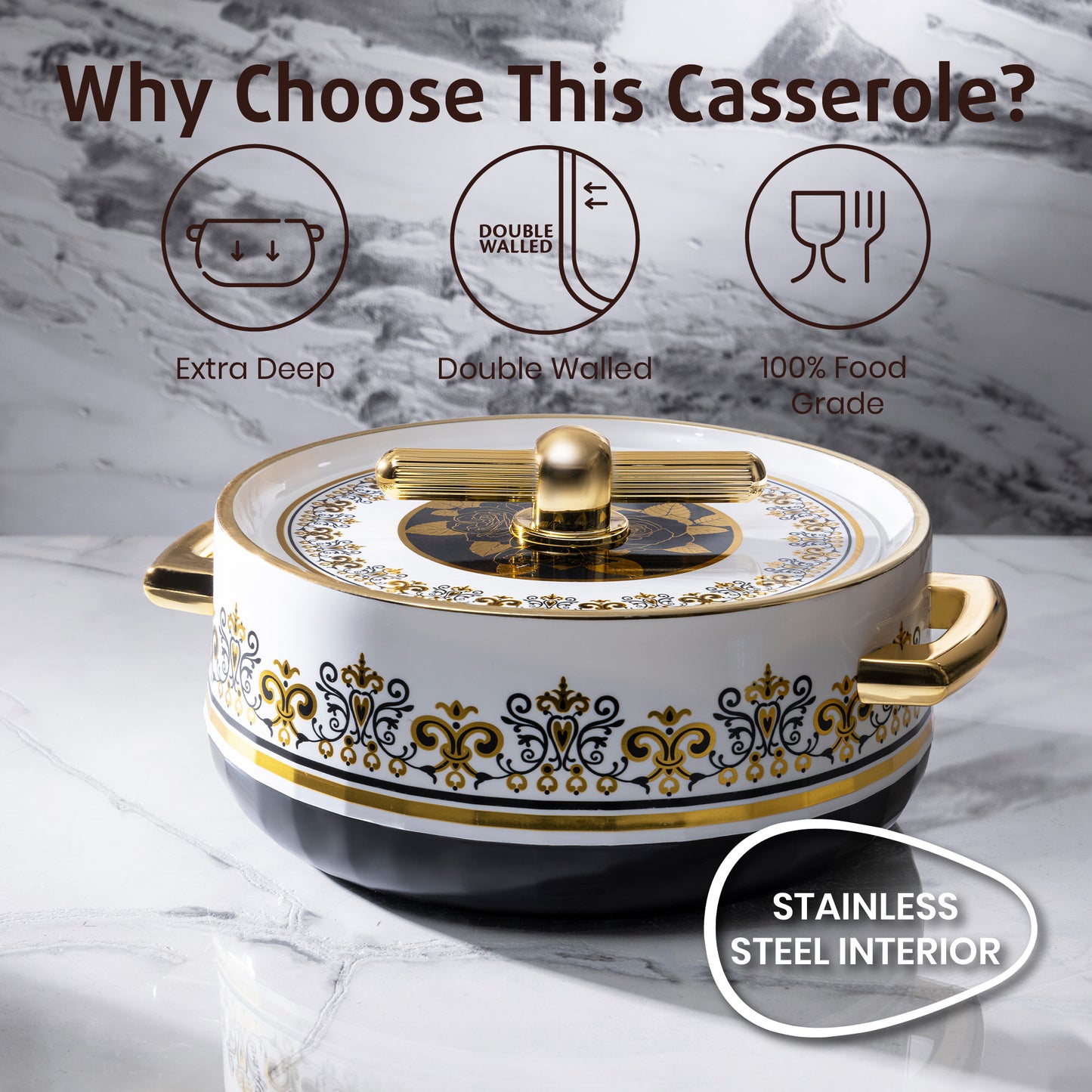 Selvel Elegance Royal Casserole Set of 3 – Coral Black (600ml, 1200ml, 1700ml, Insulated Hotpot)