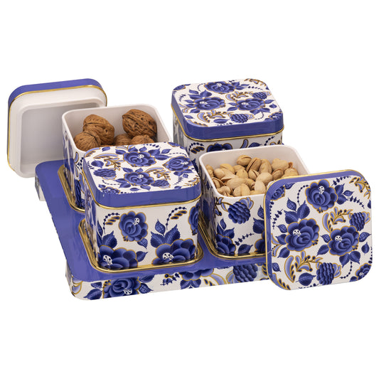 SELVEL Coral Serving Set - 4-Piece Blue Airtight Dry Fruit Container Tray Set with Lid & Serving Tray