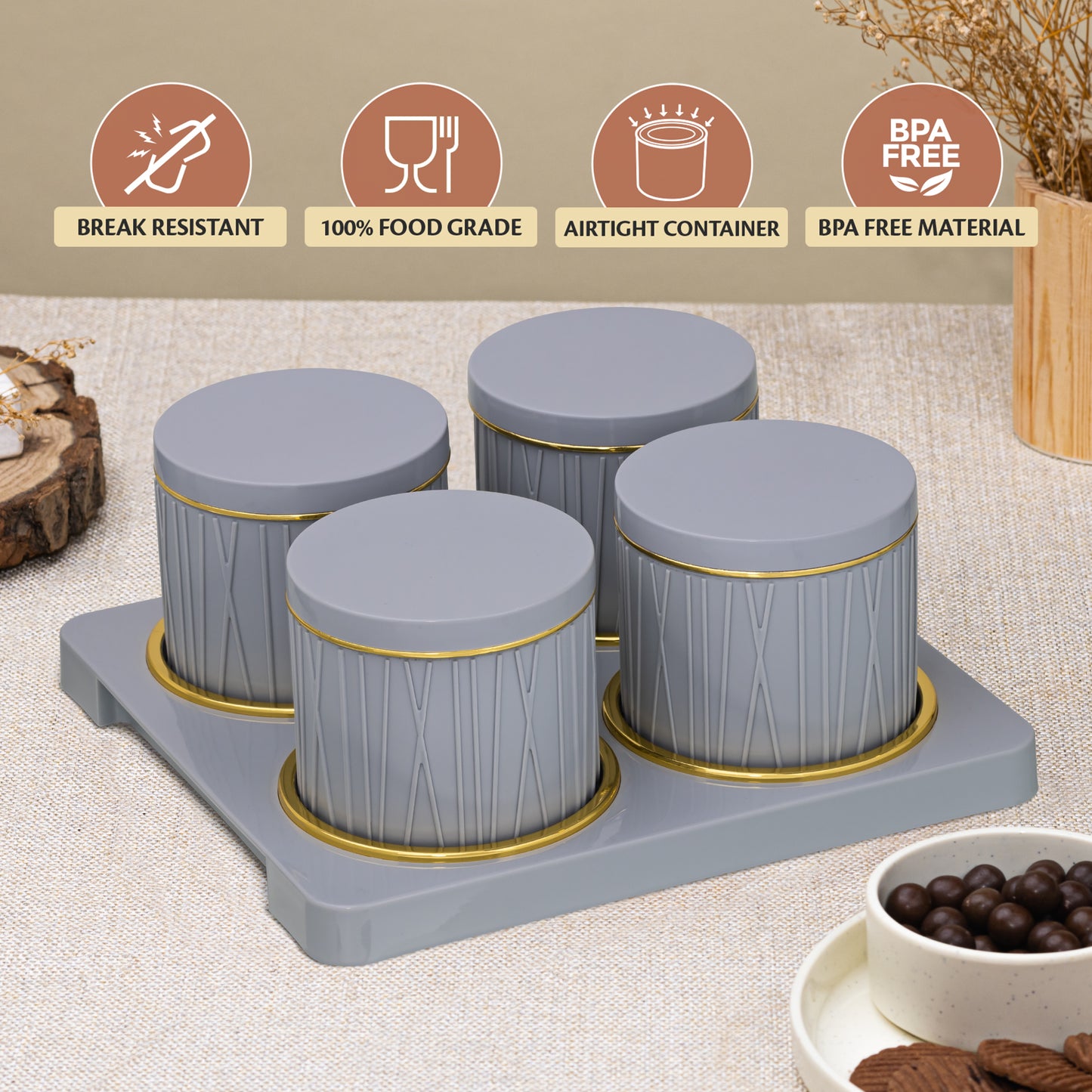SELVEL Dune Airtight Dry Fruit Container Tray Set - 4 Pieces (450ml) - Bluish Grey Polypropylene with Subtle Gold Rim