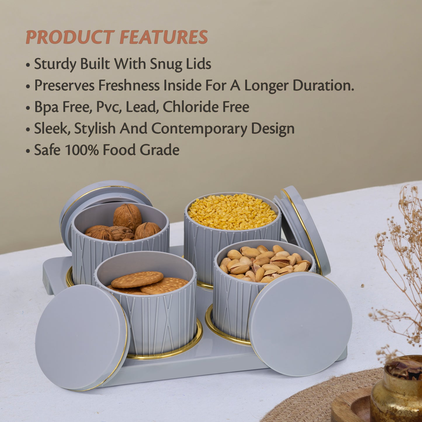 SELVEL Dune Airtight Dry Fruit Container Tray Set - 4 Pieces (450ml) - Bluish Grey Polypropylene with Subtle Gold Rim