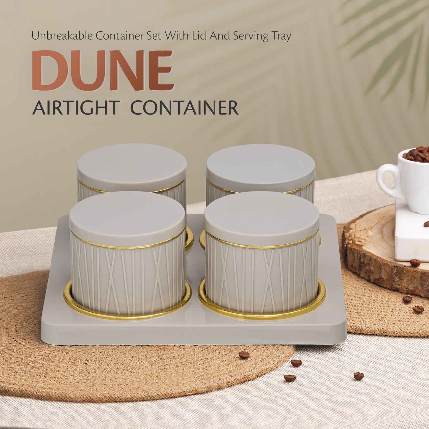 SELVEL Dune Airtight Dry Fruit Container Tray Set - 4 Pieces (450ml) - Repose Grey Polypropylene with Subtle Gold Rim