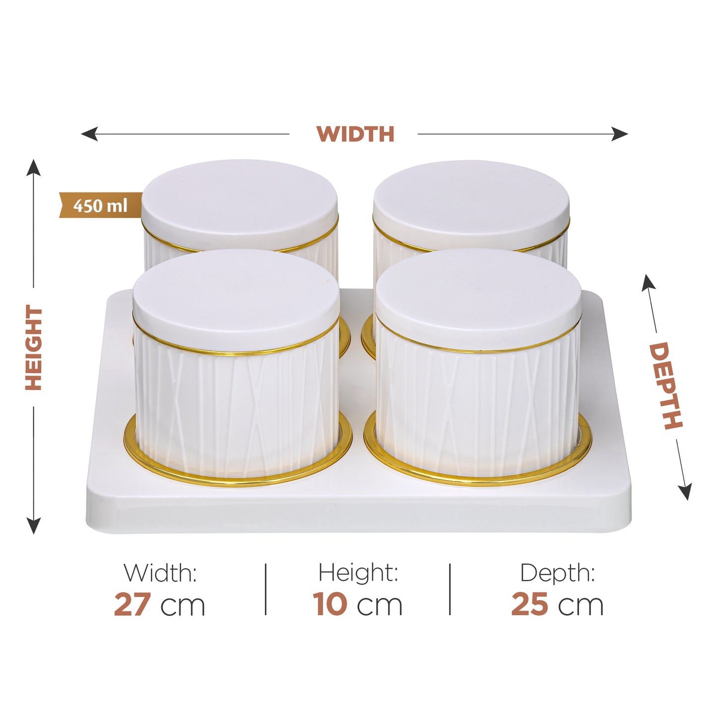 SELVEL Dune Airtight Dry Fruit Container Tray Set - 4 Pieces (450ml) - Classic White Polypropylene with Subtle Gold Rim