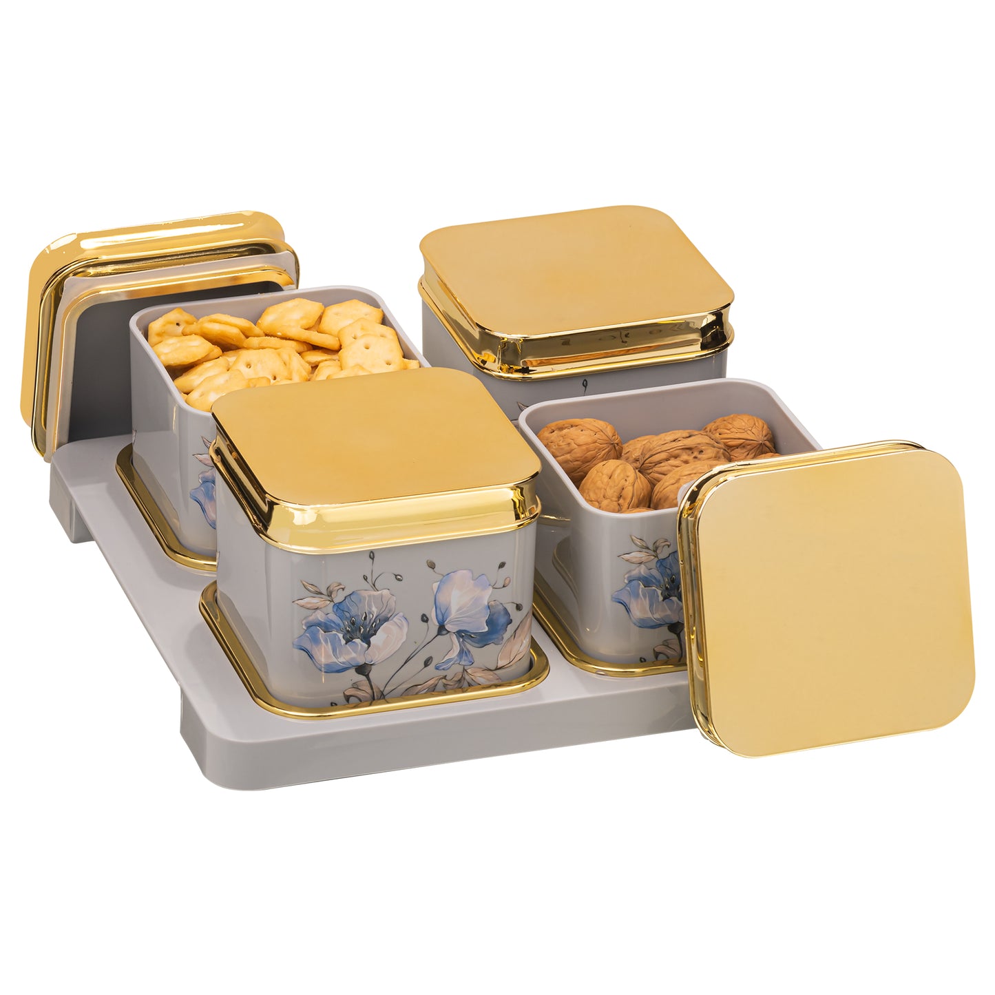 SELVEL Floret Serving Set - 4-Piece Airtight Dry Fruit Container Tray Set (500ml Each) with Lid & Serving Tray