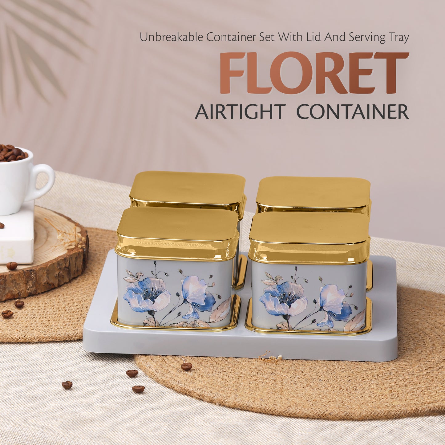 SELVEL Floret Serving Set - 4-Piece Airtight Dry Fruit Container Tray Set (500ml Each) with Lid & Serving Tray