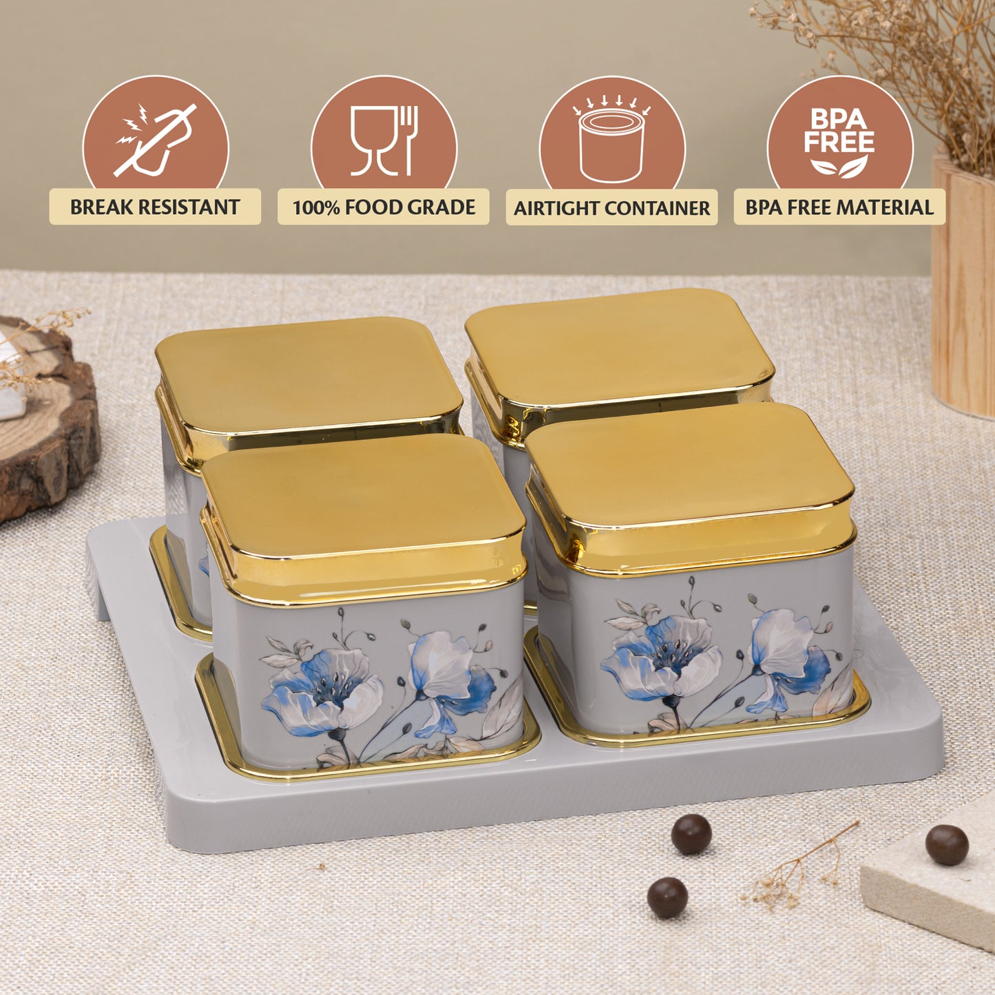 SELVEL Floret Serving Set - 4-Piece Airtight Dry Fruit Container Tray Set (500ml Each) with Lid & Serving Tray