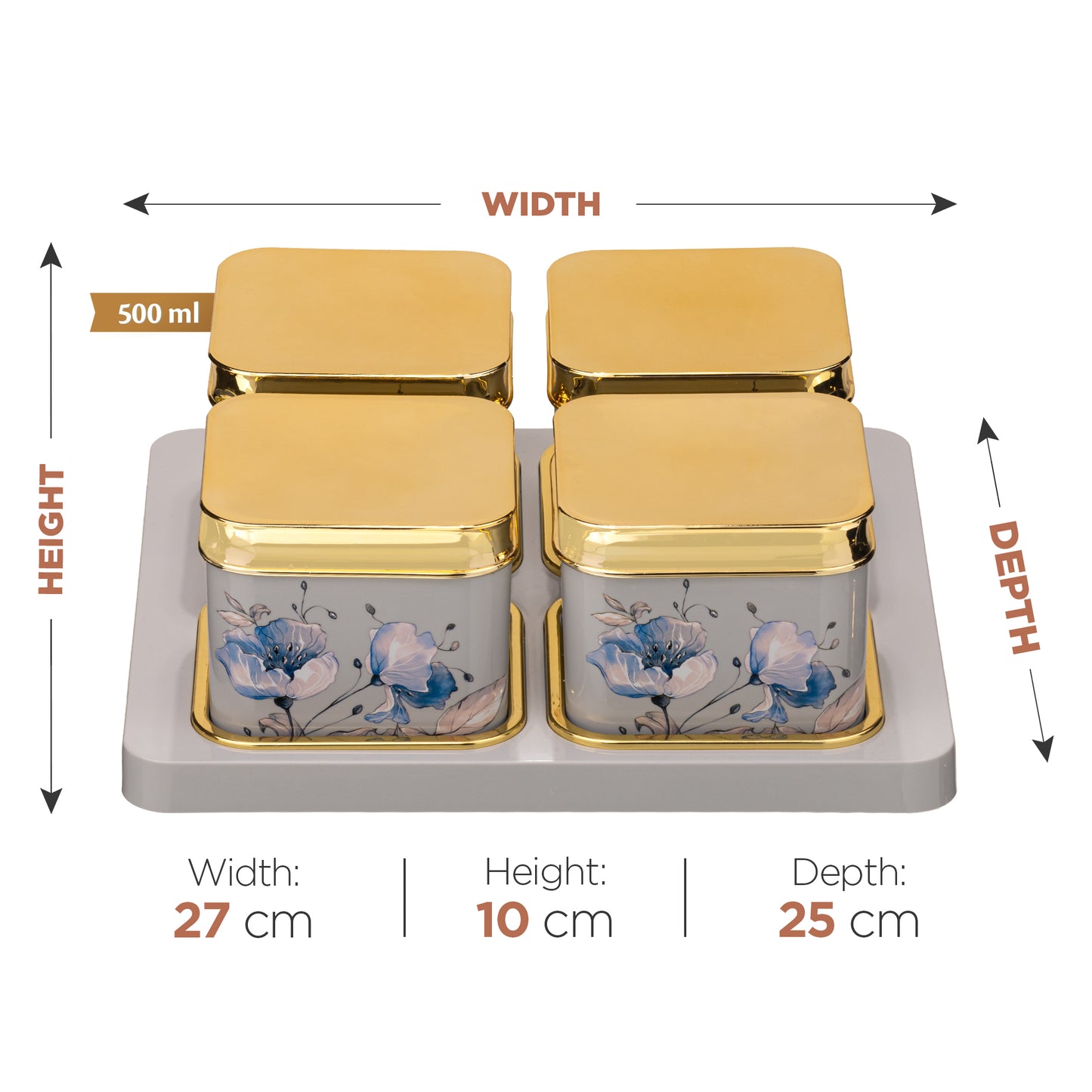 SELVEL Floret Serving Set - 4-Piece Airtight Dry Fruit Container Tray Set (500ml Each) with Lid & Serving Tray