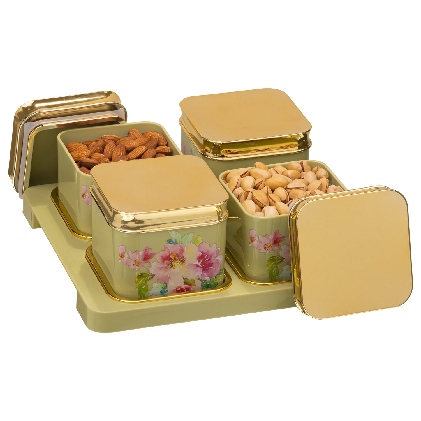 SELVEL Floret Serving Set - 4-Piece Airtight Dry Fruit Container Tray Set (500ml Each) with Lid & Serving Tray