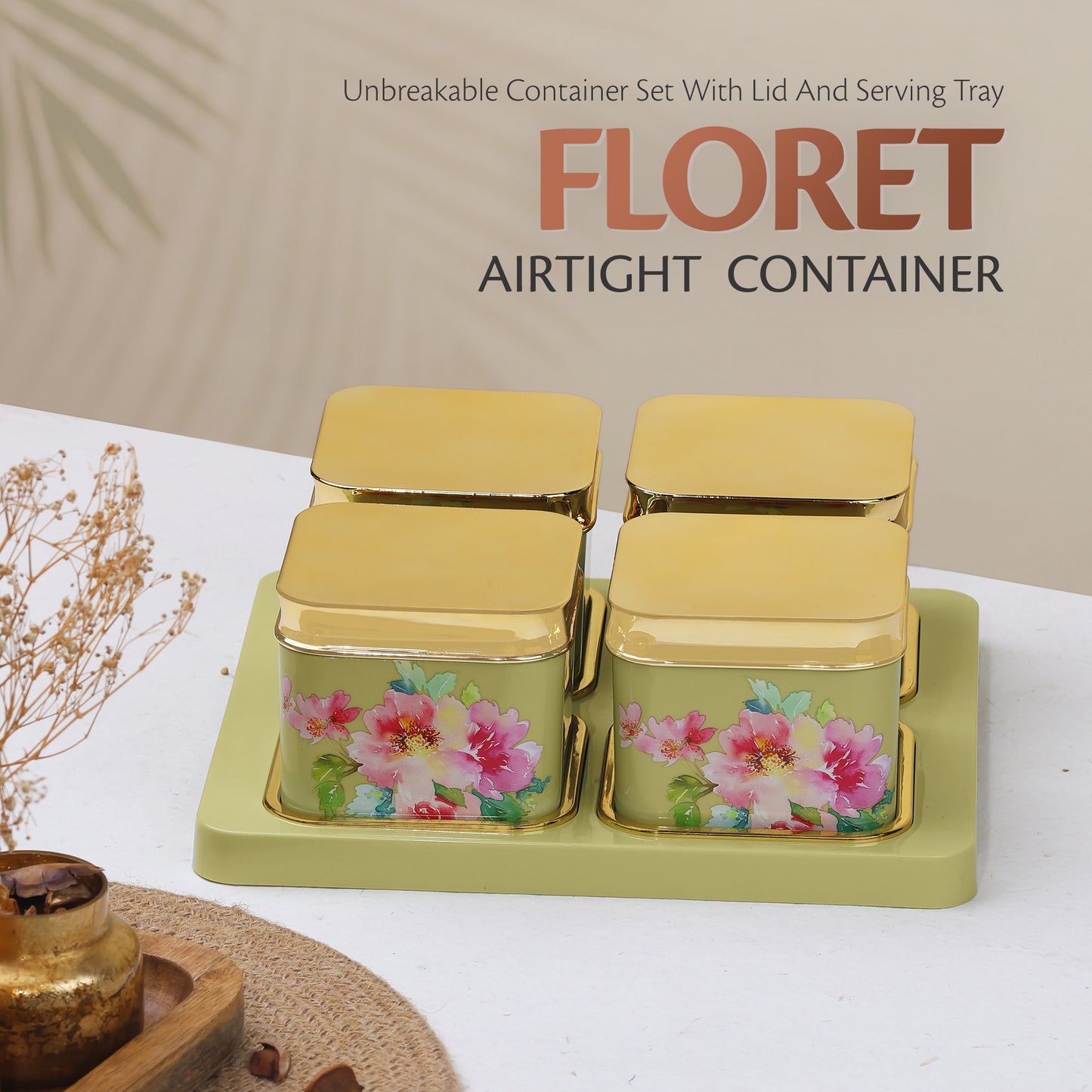 SELVEL Floret Serving Set - 4-Piece Airtight Dry Fruit Container Tray Set (500ml Each) with Lid & Serving Tray