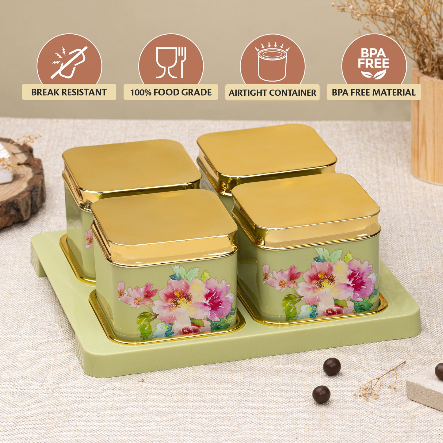 SELVEL Floret Serving Set - 4-Piece Airtight Dry Fruit Container Tray Set (500ml Each) with Lid & Serving Tray